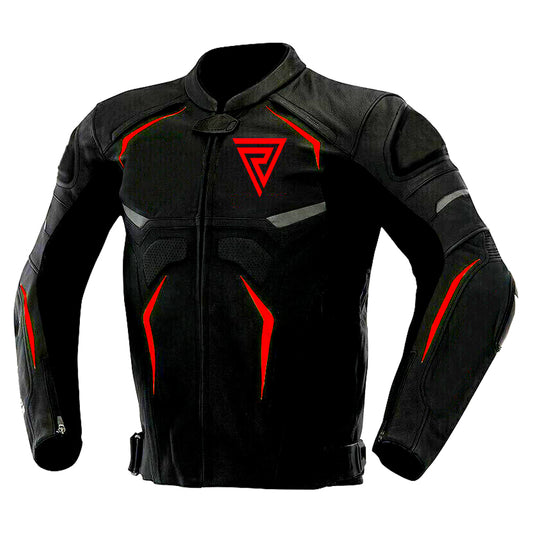 Front view of customizable motorcycle racing leather jacket and suit with CE-approved protection.