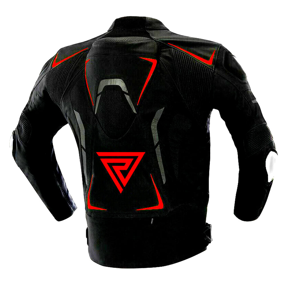 Back view of customizable motorcycle racing leather jacket and suit with adjustable stretch panels.