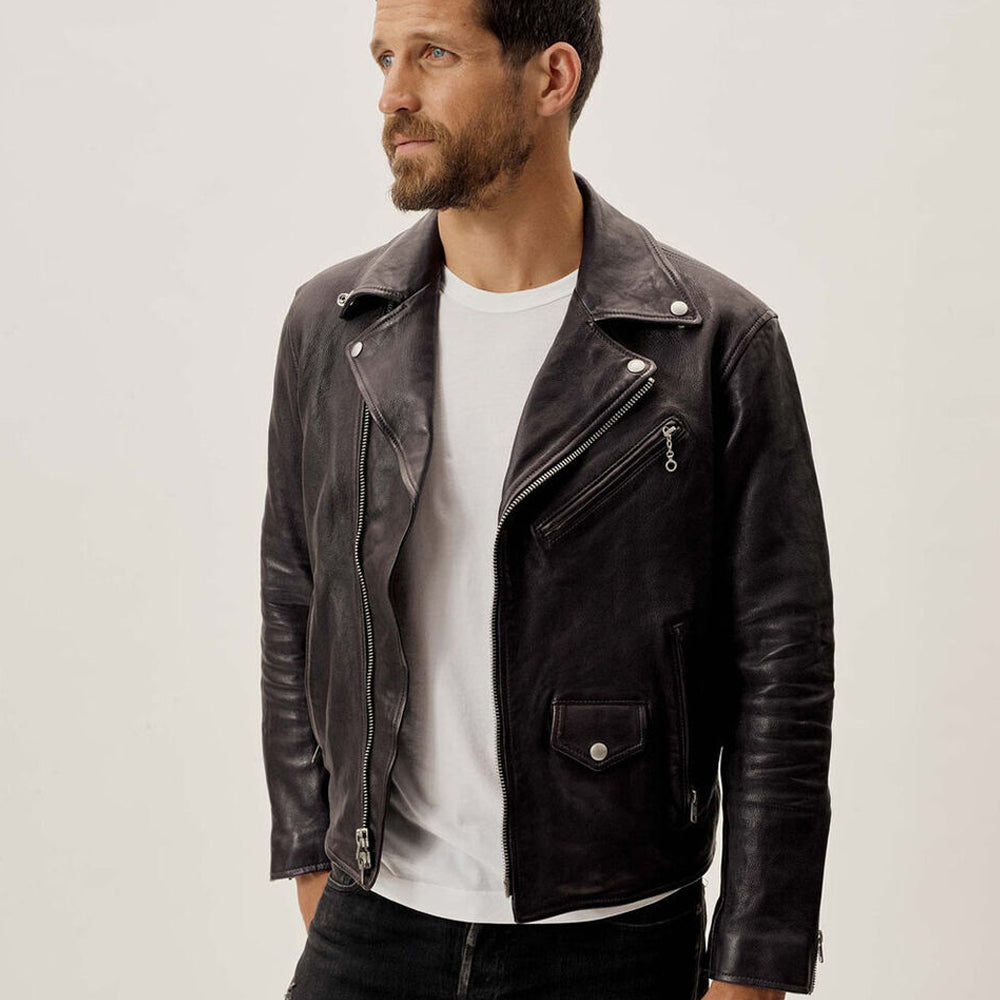 Men's Real Leather Moto Motorcycle Classic Cafe Racer Jacket Motorbike Coat