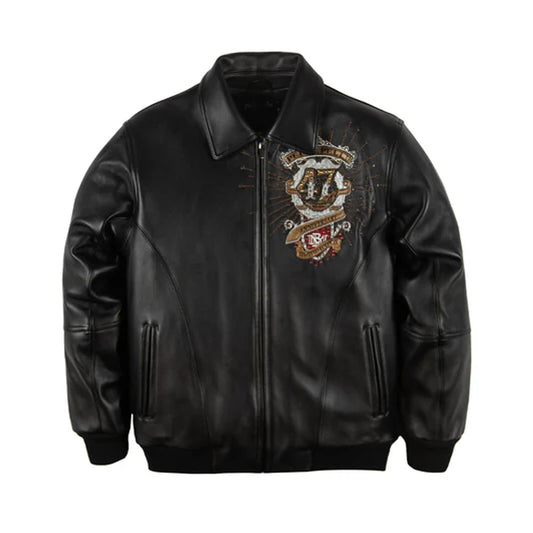 Pelle Pelle 47th Anniversary Collector Series black leather jacket front view with rhinestone detailing