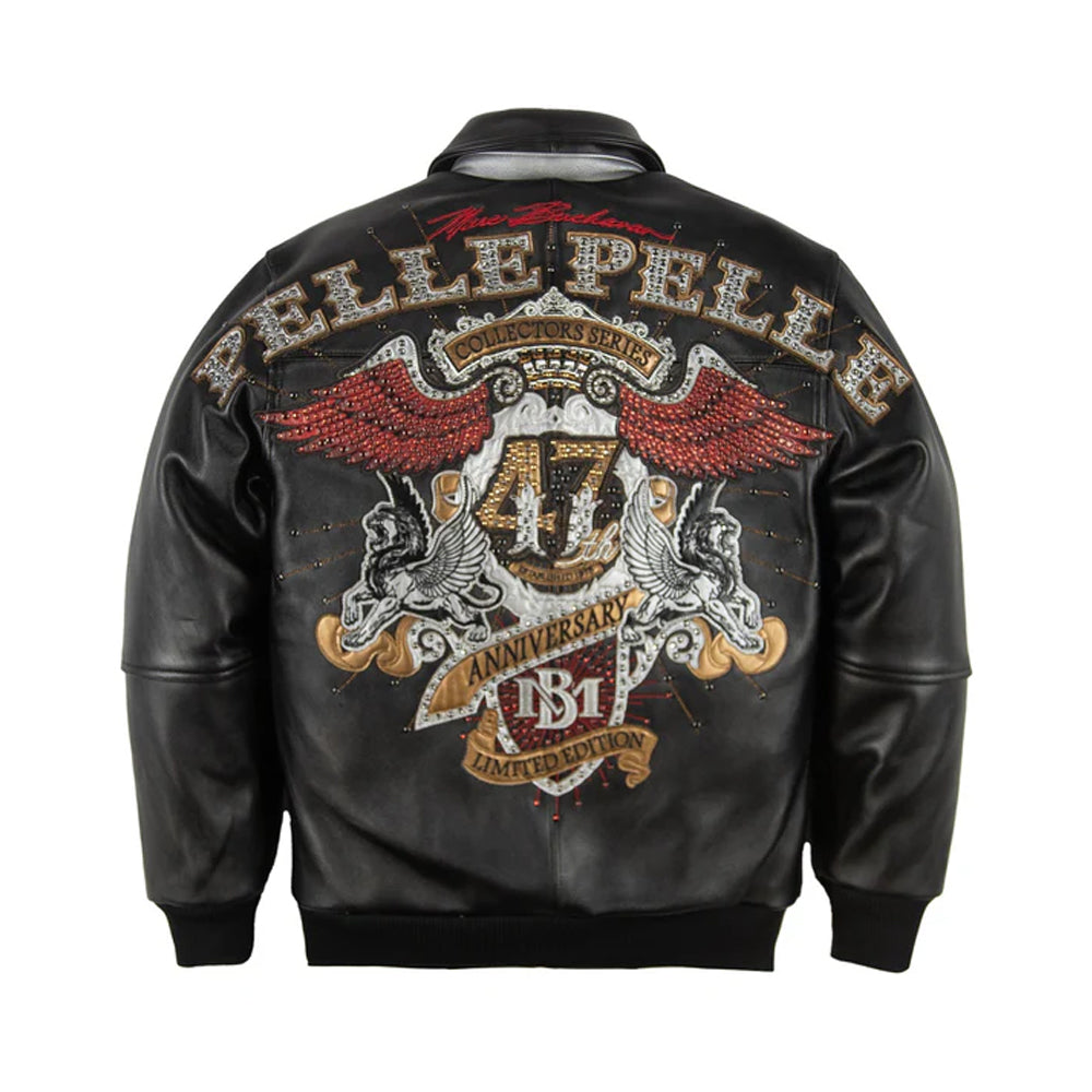 Pelle Pelle limited edition black leather jacket back view featuring oversized eagle graphic