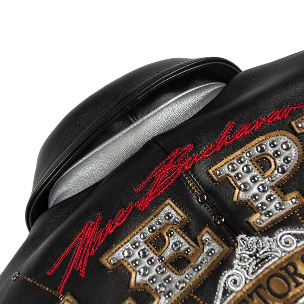 Pelle Pelle leather jacket rear collar close up showing premium plush leather finish