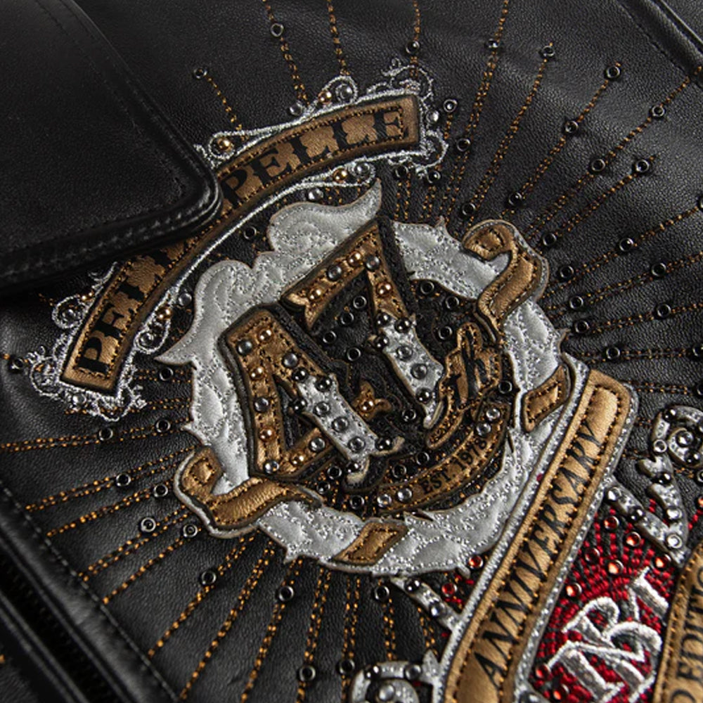 Pelle Pelle collector series leather jacket back close up with metallic stitching and rhinestones