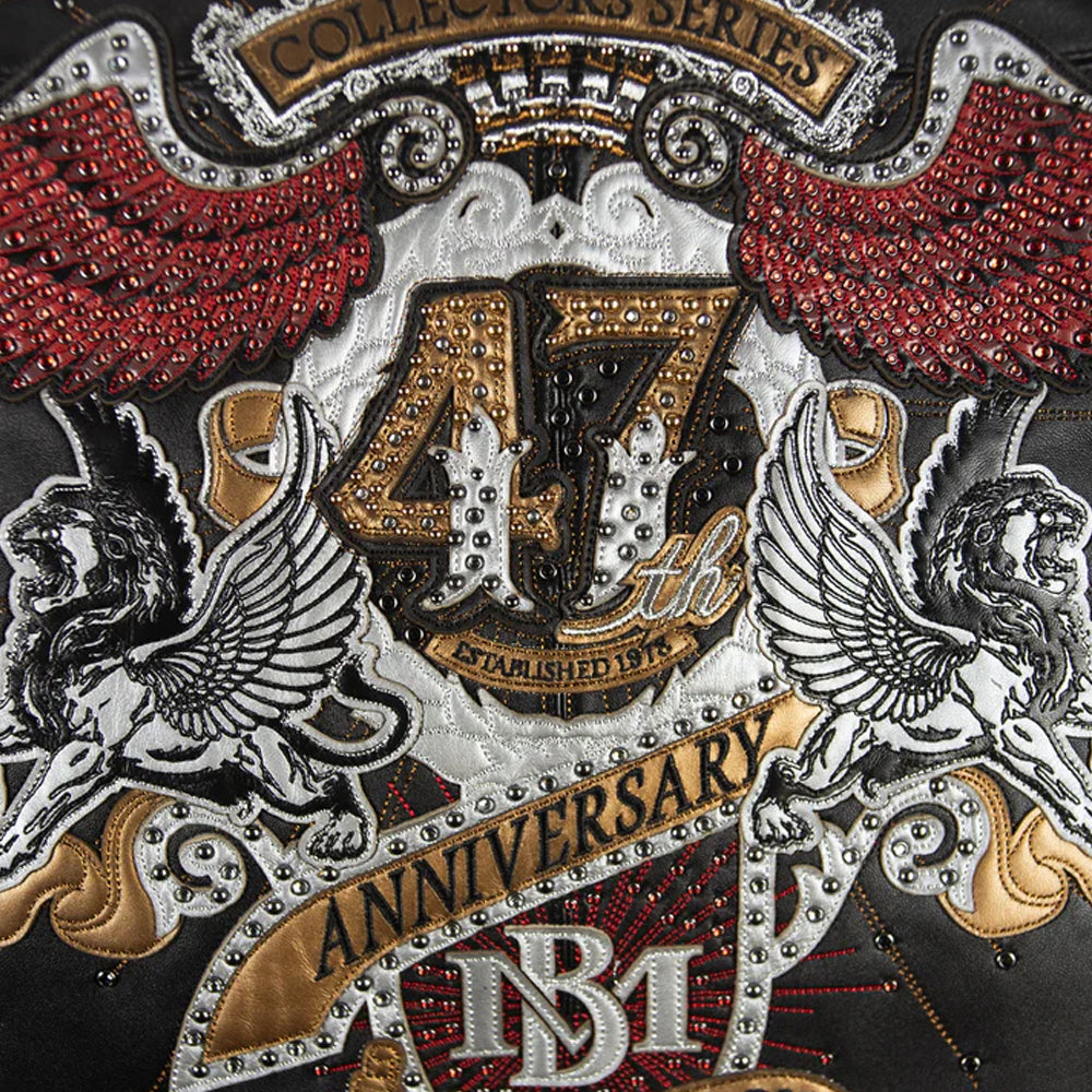 Pelle Pelle eagle back patch close up with leather applique rhinestones and metallic embroidery