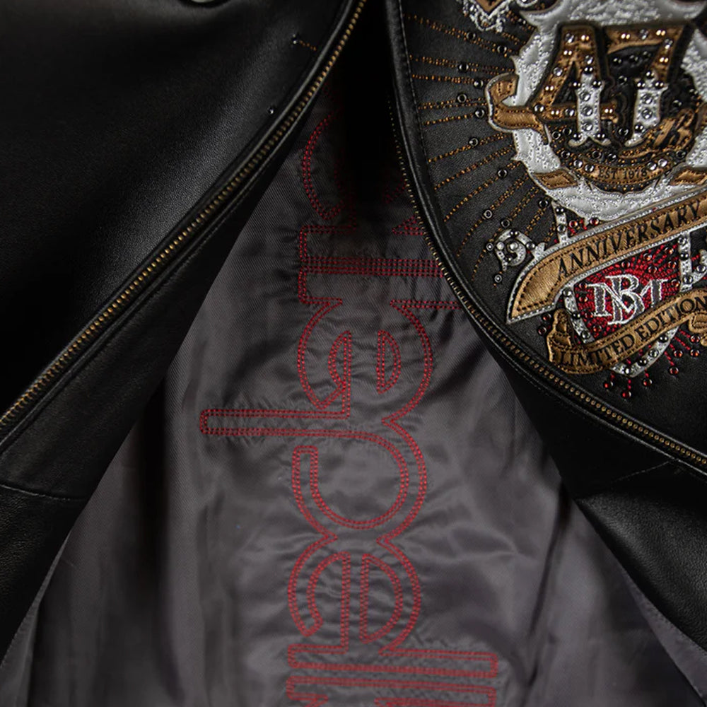 Pelle Pelle leather jacket satin lining close up with embroidered Pelle Pelle branding