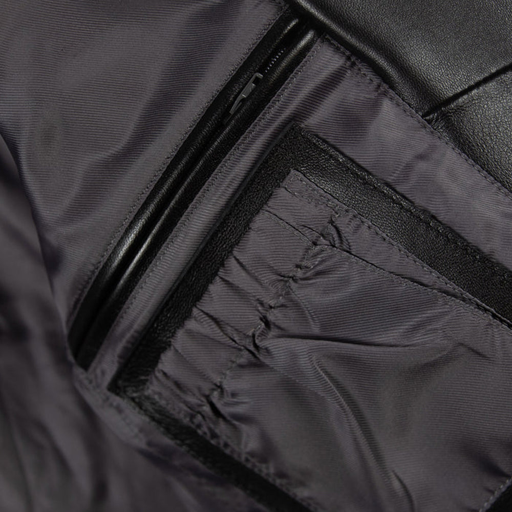 Pelle Pelle leather jacket inner pocket close up inside satin lining for secure storage