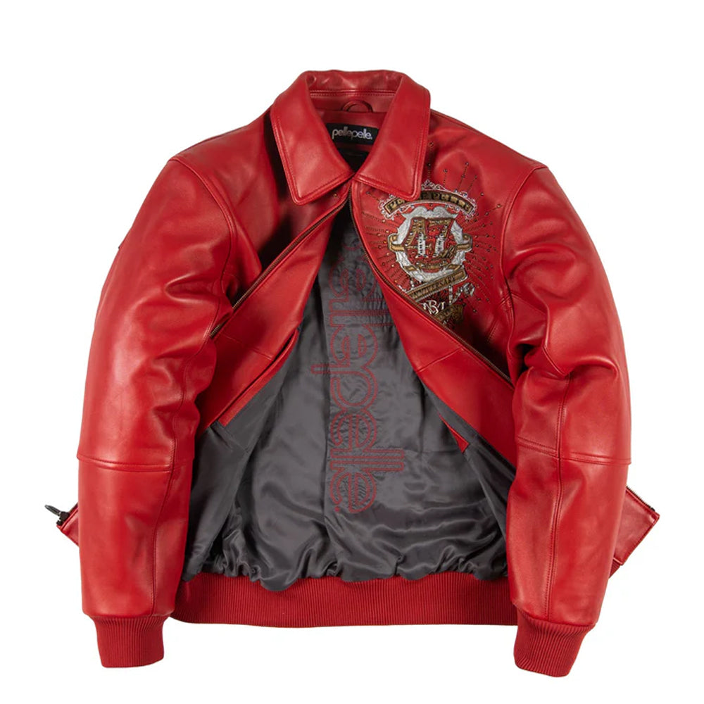 Pelle Pelle red leather jacket interior satin lining with embroidered branding