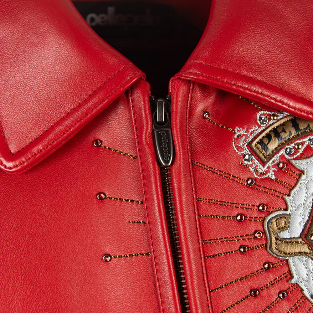 Pelle Pelle custom branded zipper close up on red genuine leather jacket