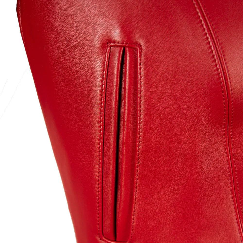 Pelle Pelle red leather jacket front pocket close up with premium stitching detail