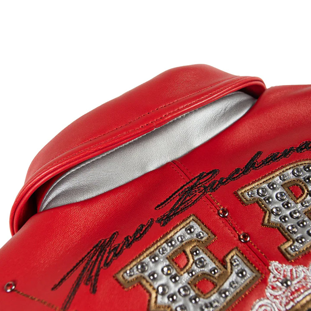 Pelle Pelle red leather jacket rear collar close up showing plush leather finish