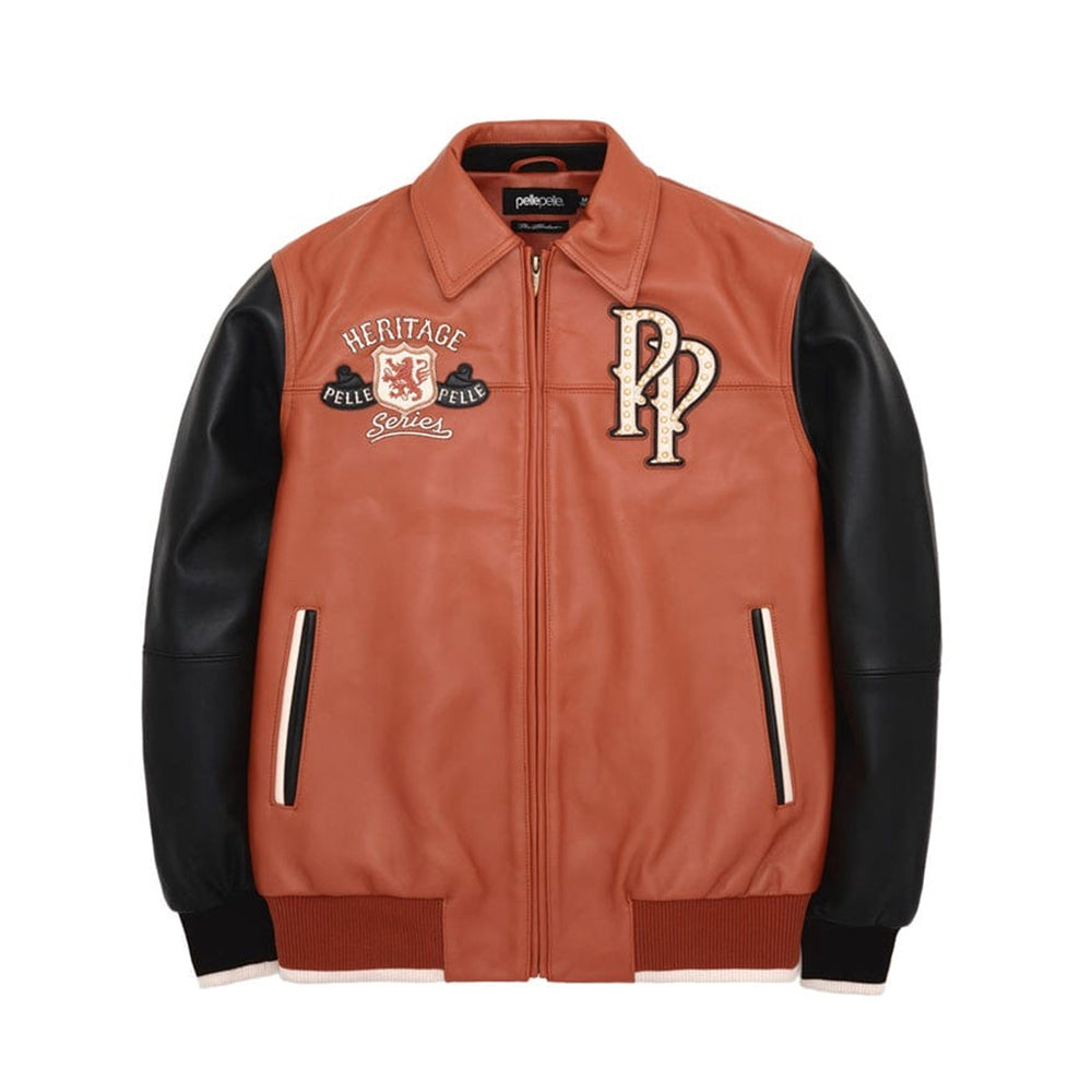 Pelle Pelle Brown Heritage Leather Jacket Front View – Two-Tone Brown and Black Soda Club Varsity Bomber