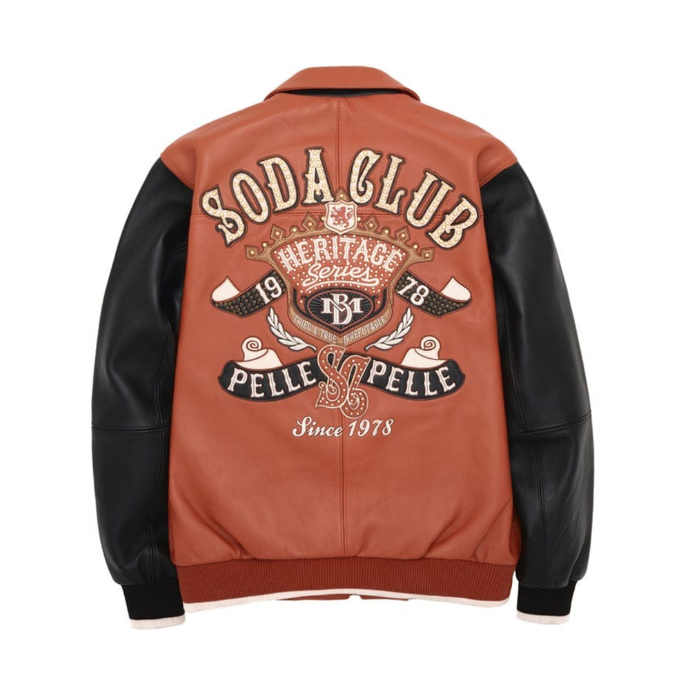 Pelle Pelle Heritage Series Leather Jacket Back View – Soda Club Embroidered Brown and Black Varsity Design