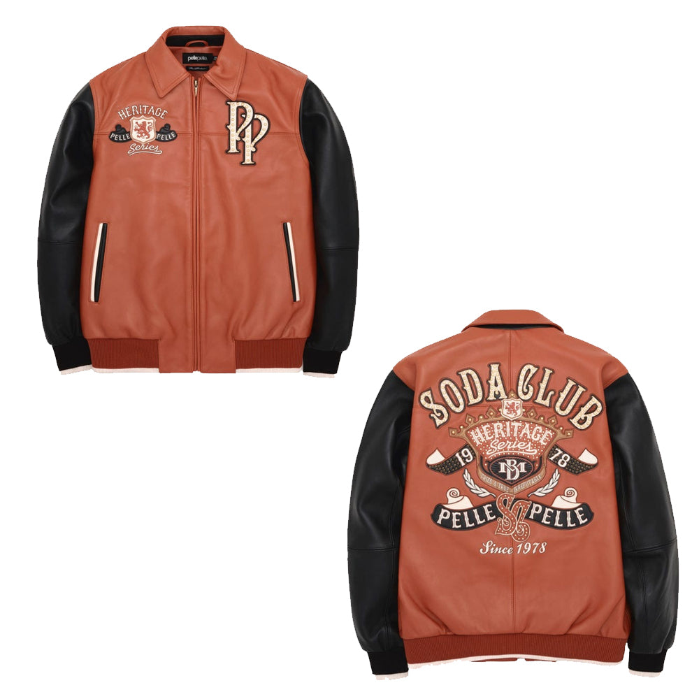 Pelle Pelle Brown Heritage Leather Jacket Front and Back Display – Two-Tone Soda Club Varsity Bomber with Embroidered Details