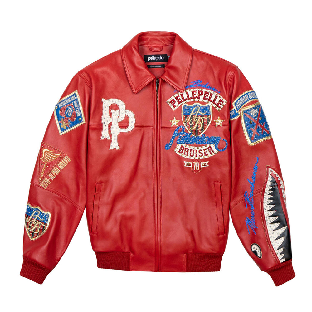 Front view of Pelle Pelle Red American Bruiser leather jacket with embroidered eagle and vintage hip hop streetwear design