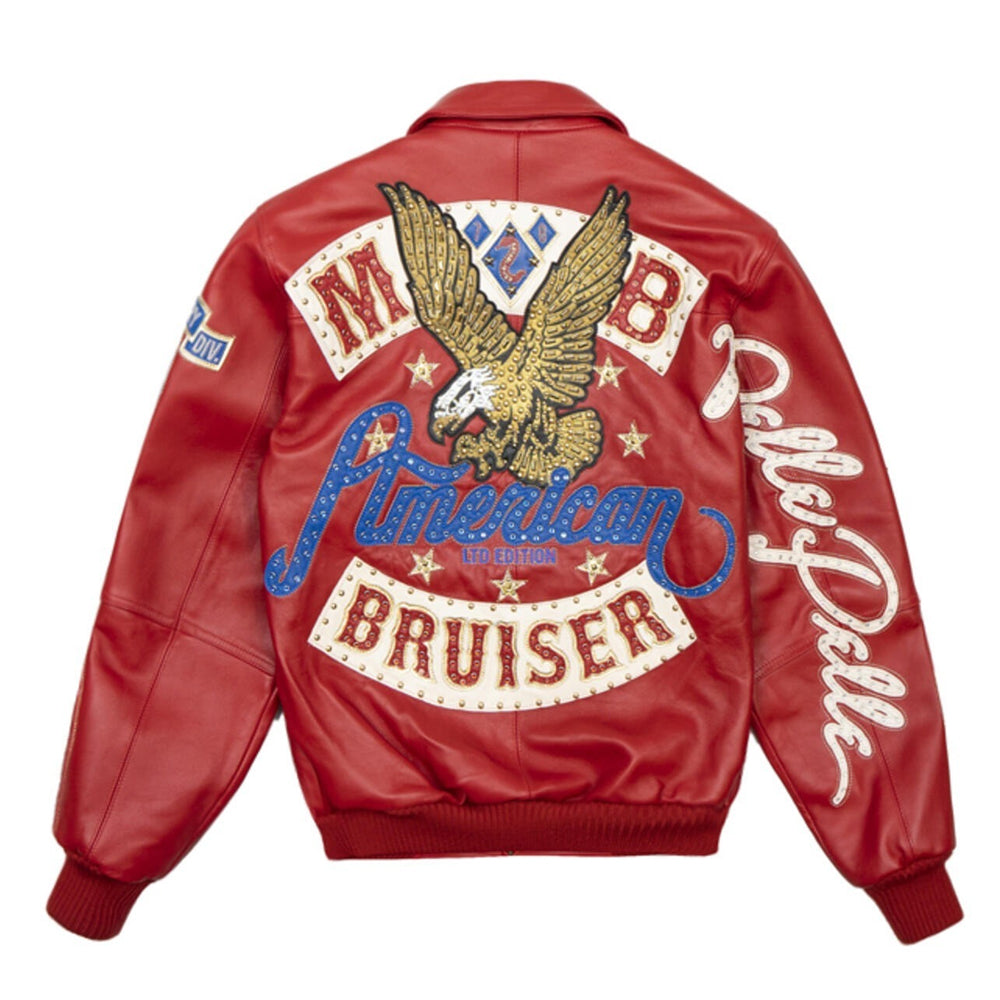 Back view of Pelle Pelle Red American Bruiser leather jacket featuring bold eagle graphic and retro hip hop artwork