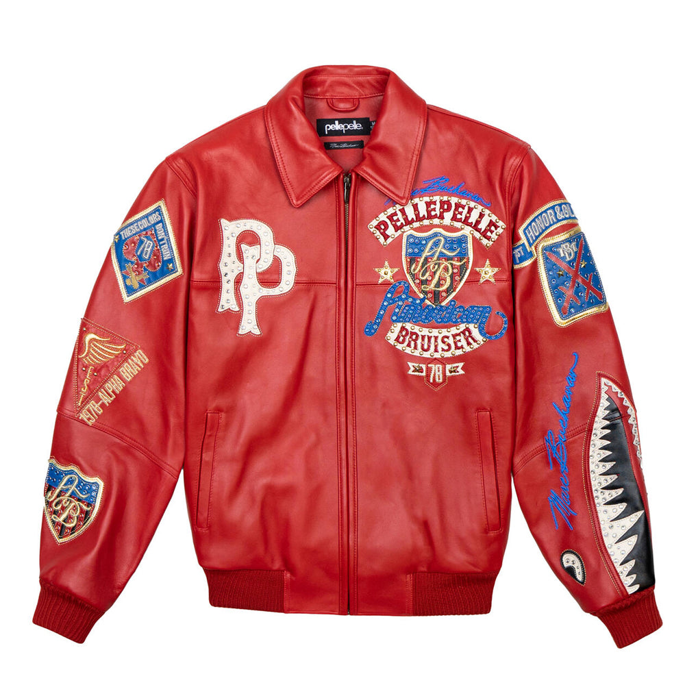 Pelle Pelle Red American Bruiser leather jacket front view with studded details and luxury streetwear bomber style