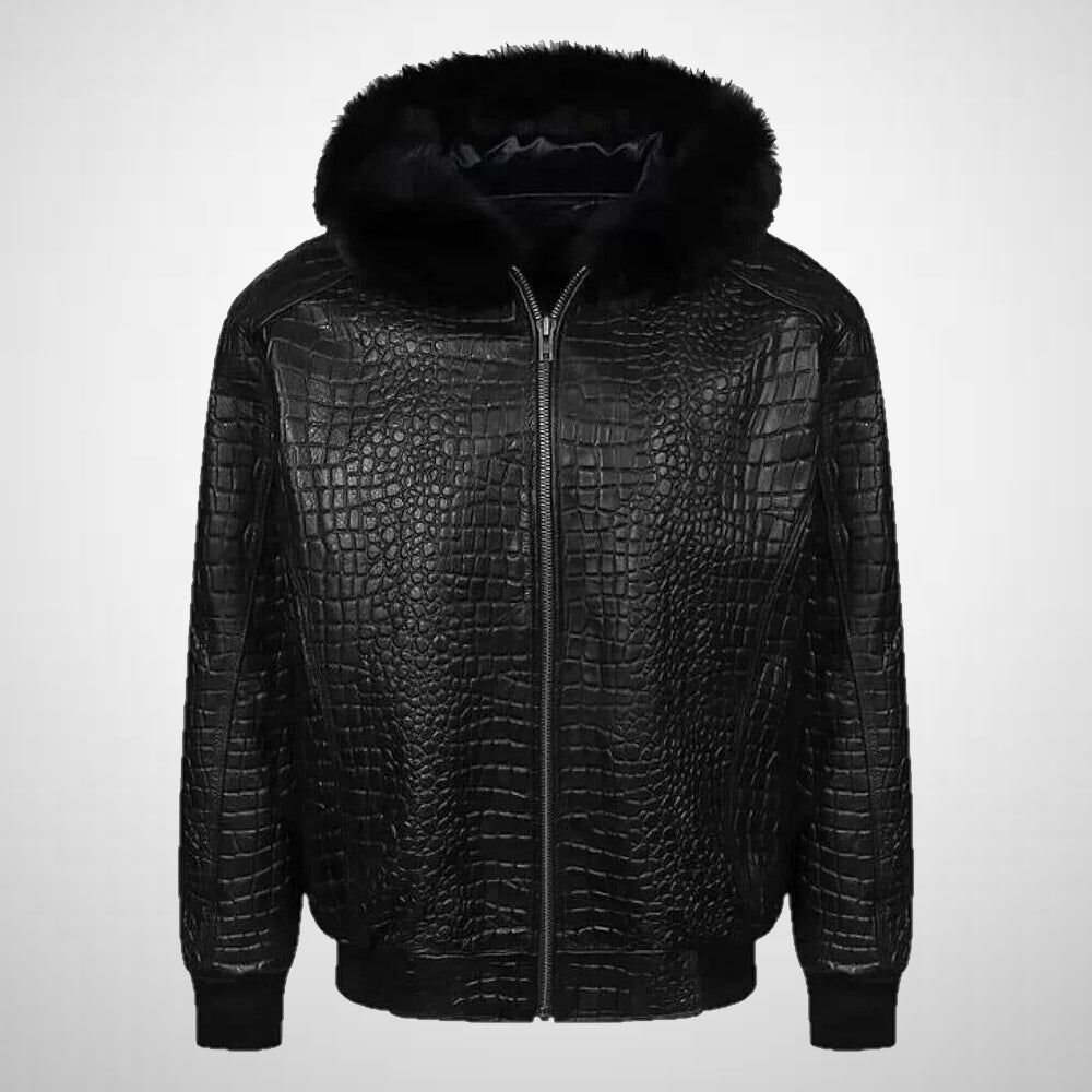 Front view of the genuine embossed leather jacket with fox fur and satin lining, showcasing the slim-fit design and YKK zip closure.