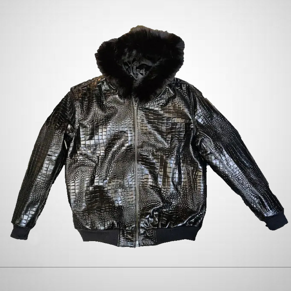 Front view of the jacket with the zip closed, showing the attached hood and embossed leather details.