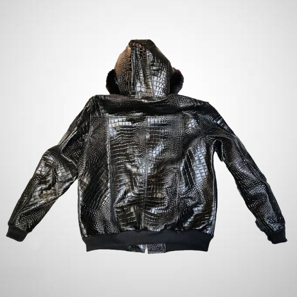 Full back view of the jacket, emphasizing the sleek, modern design and durable leather texture.