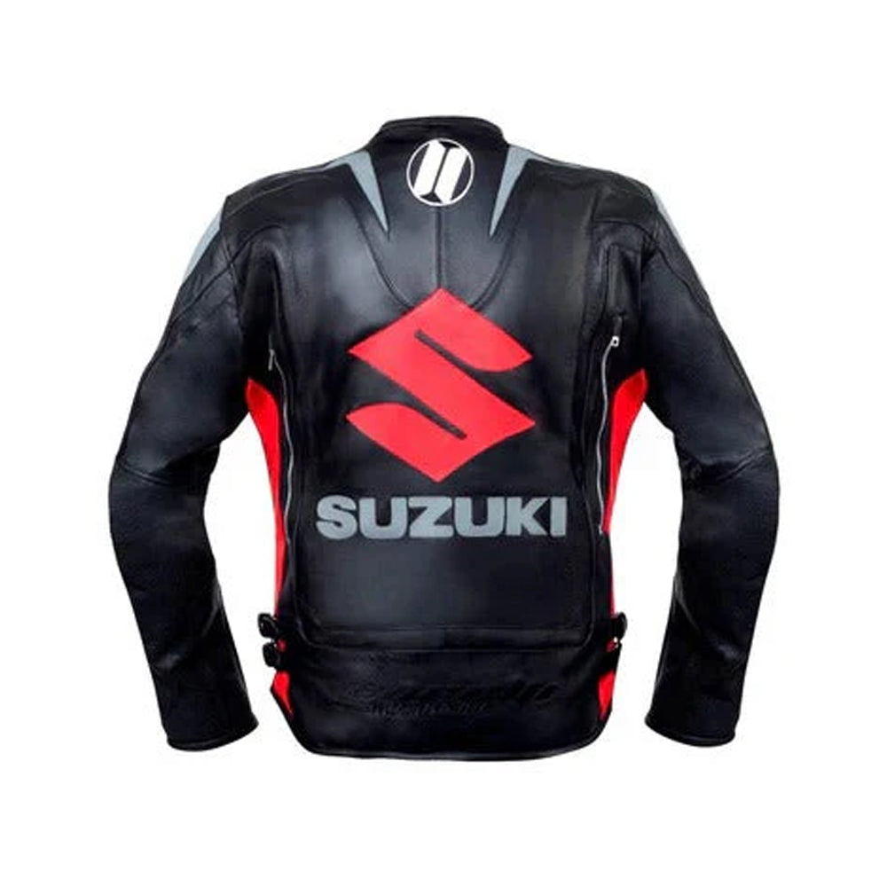 Back View of Red and Black Suzuki Motorbike Jacket in Premium Leather