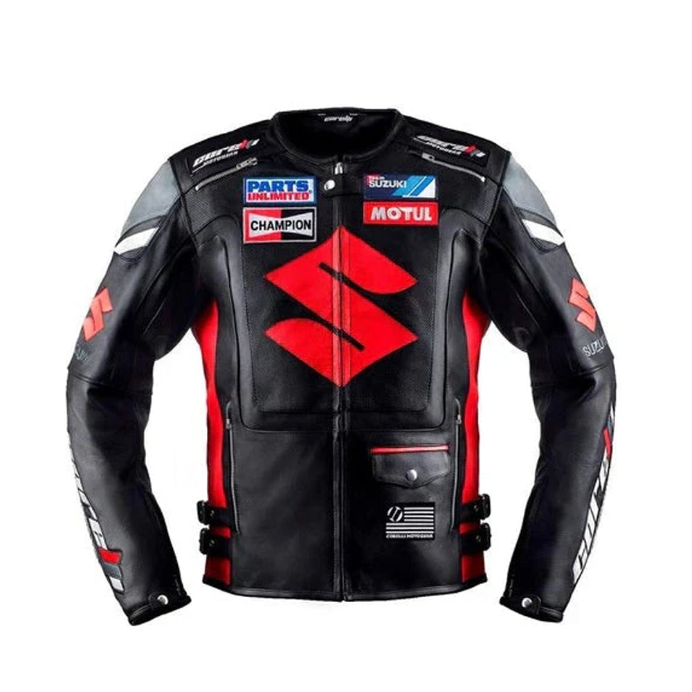 Front of Red and Black Suzuki Racing Jacket with Bold Leather Logos