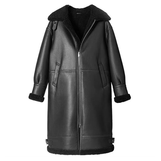 Men's B3 Shearling Sheepskin Jacket Trench Coat Black Leather Jacket Winter Coat