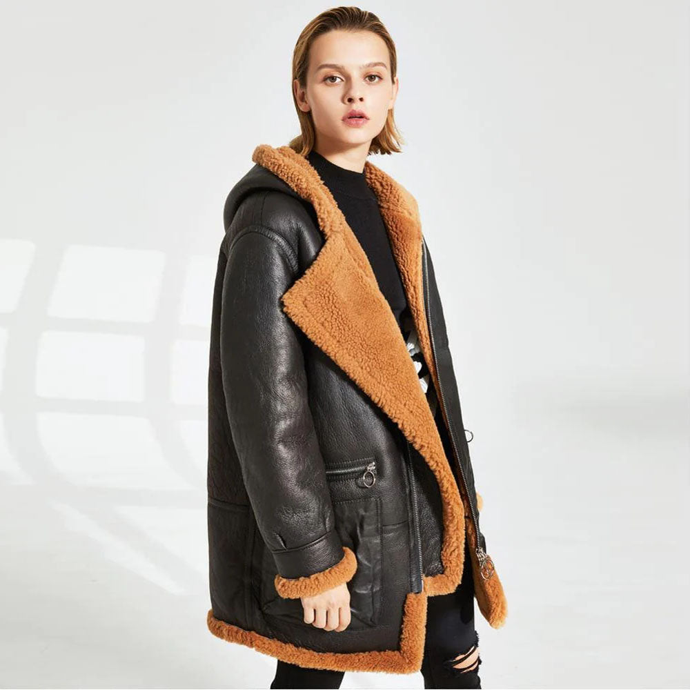 New Black Hooded Sheepskin Leather Shearling Long Coat For Women