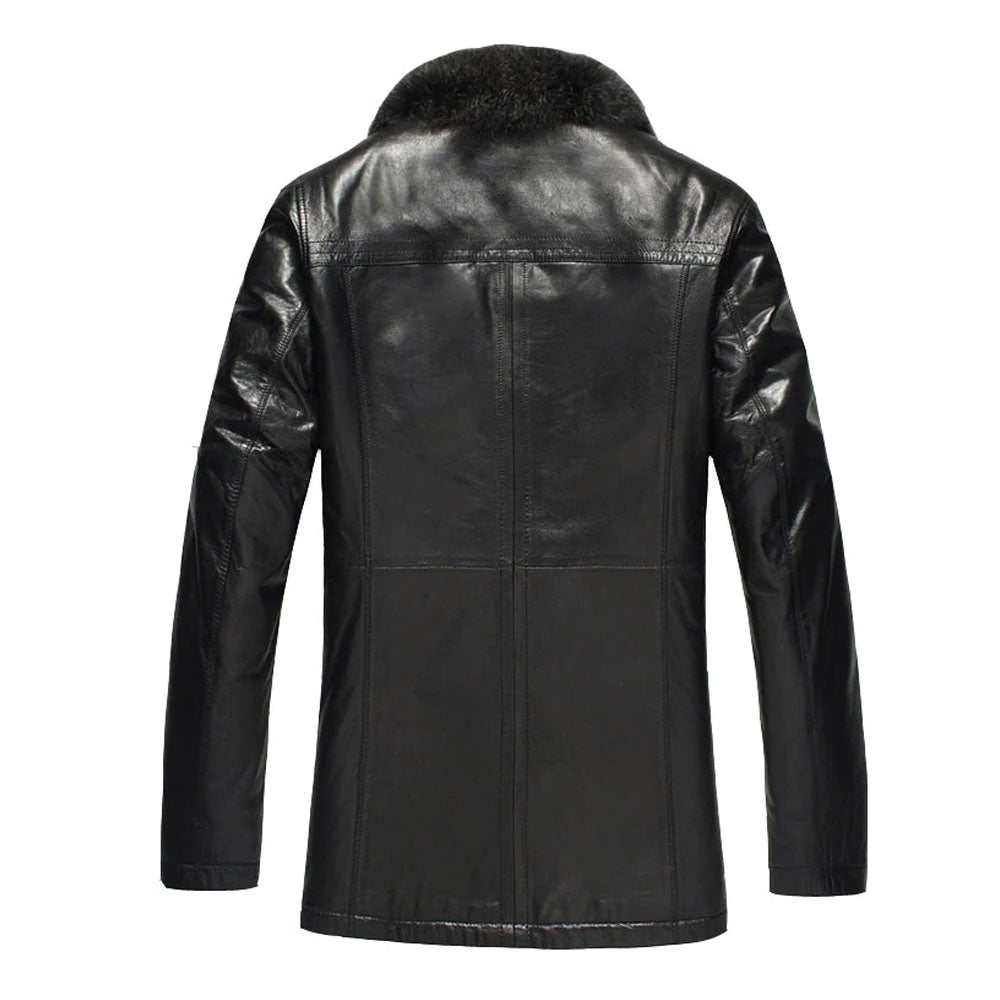 New Black Fur Collar Shearling Leather Long Coat For Men