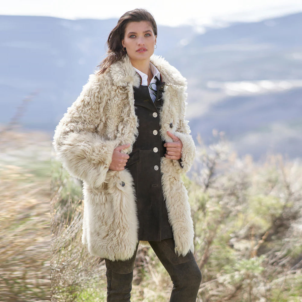 Women Cream Shearling Aviator Sheepskin Leather Long Coat
