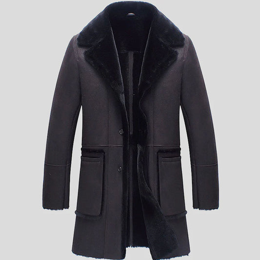 New Sheepskin Black Trench Shearling Vintage Leather Coat For Mens