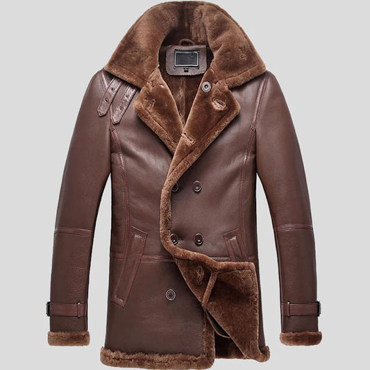 New Mens Sheepskin Double Breasted Shearling Leather Brown Long Coat