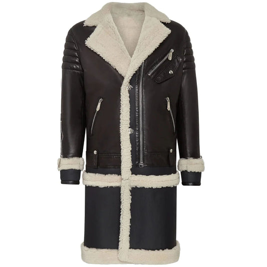 New Mens Black Sheepskin Fur Leather Long Coat