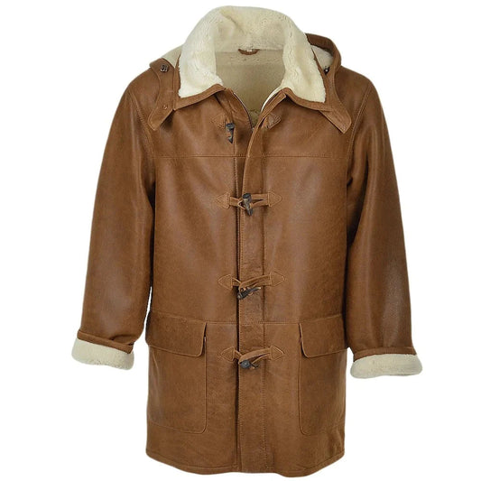 New Men Brown Hooded Shearling Fur Long Leather Coat