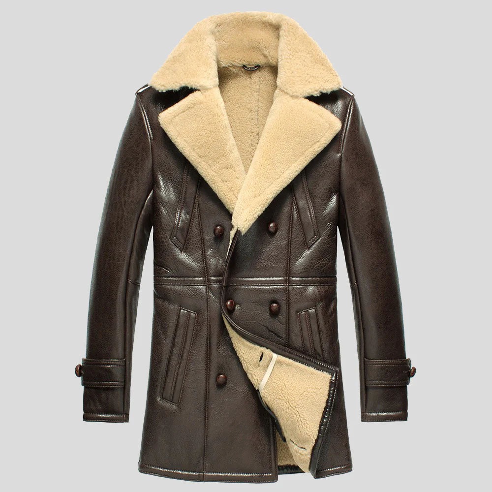 New Brown Sheepskin Double Breasted Shearling Leather Coat For Men