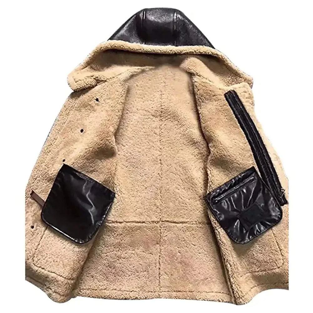 New Men Brown Hooded Shearling Leather Sheepskin Coat