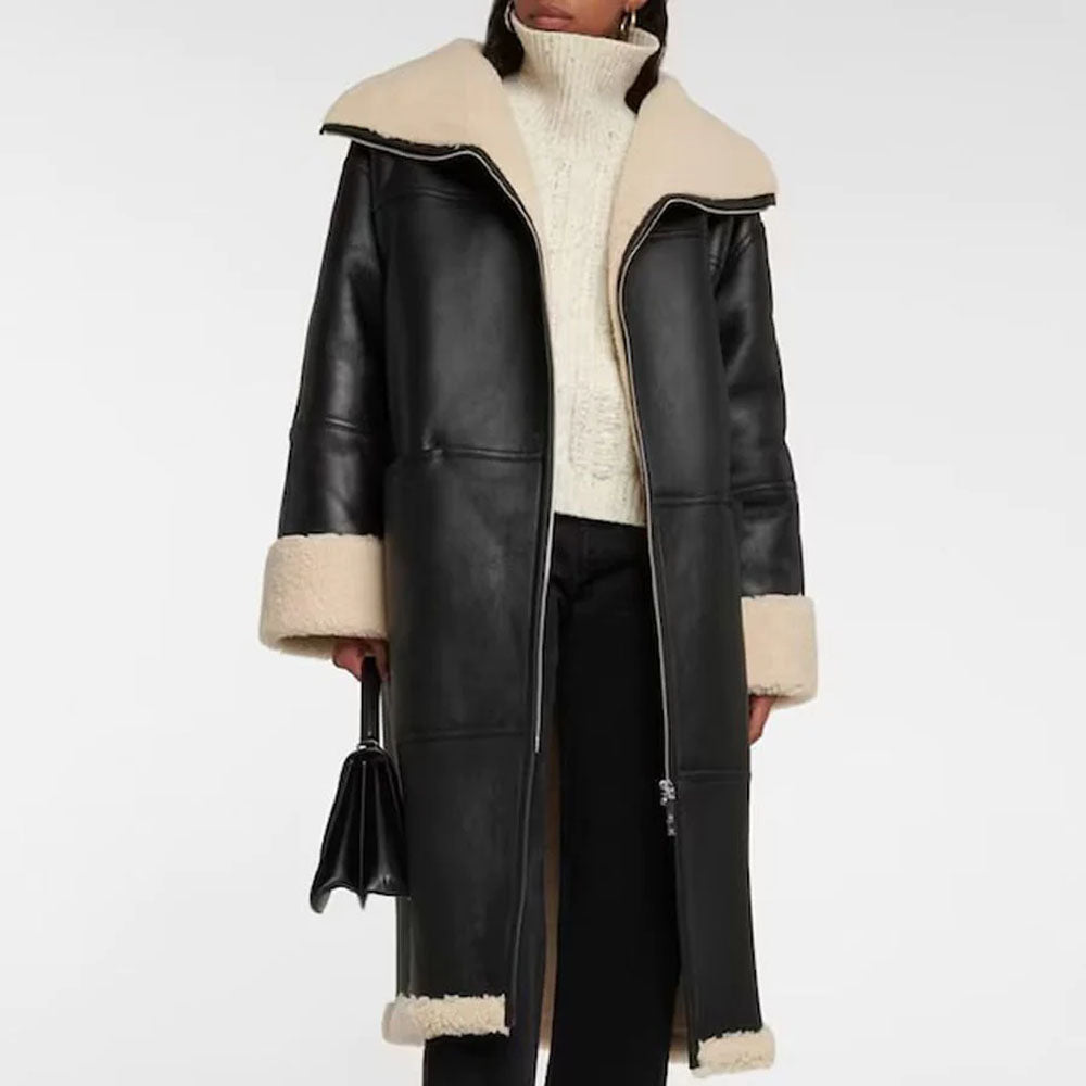 New Black Shearling Leather Sheepskin Long Coat For Women