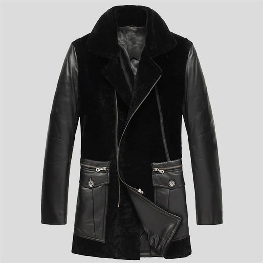 New Men Black Calfskin Sheepskin Shearling Leather Long Coat