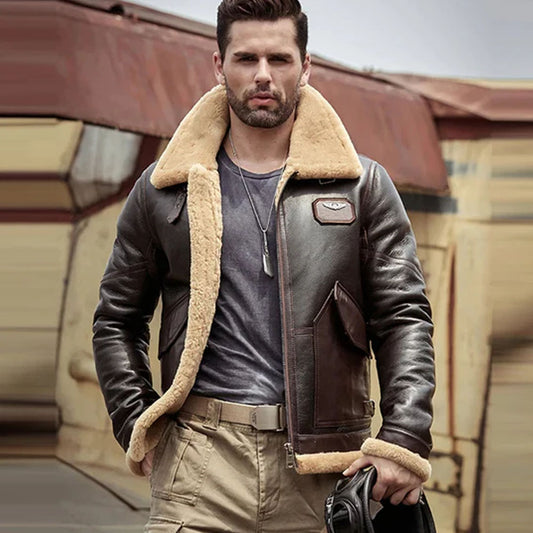 Brown Flight B3 Sheepskin Shearling Leather Jacket Coat For Men