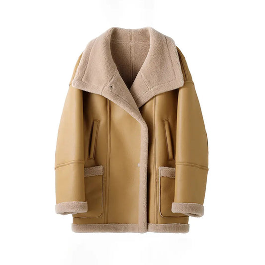 New Women Golden Long Sheepskin Shearling Jacket Coat With Oversized Collar