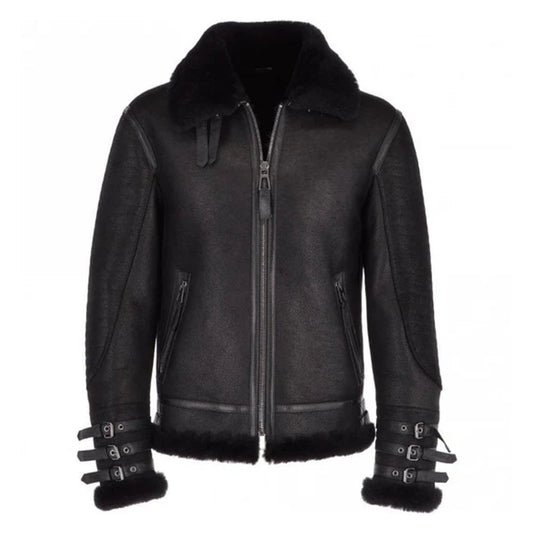 Men Black Aviator Flying Bomber Shearling Leather Jacket