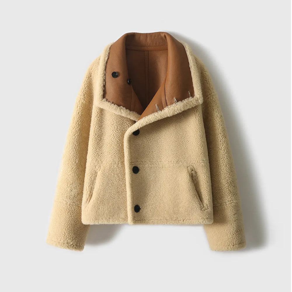 Women Brown Shearling Reversible Sheepskin Oversized Collar Jacket