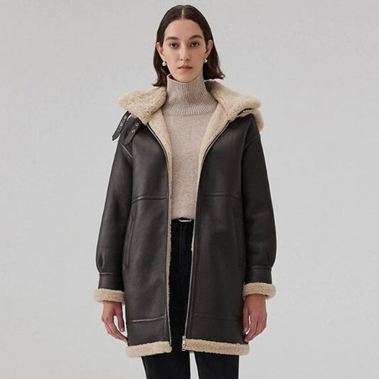 New Brown Sheepskin Hooded Shearling Leather Coat