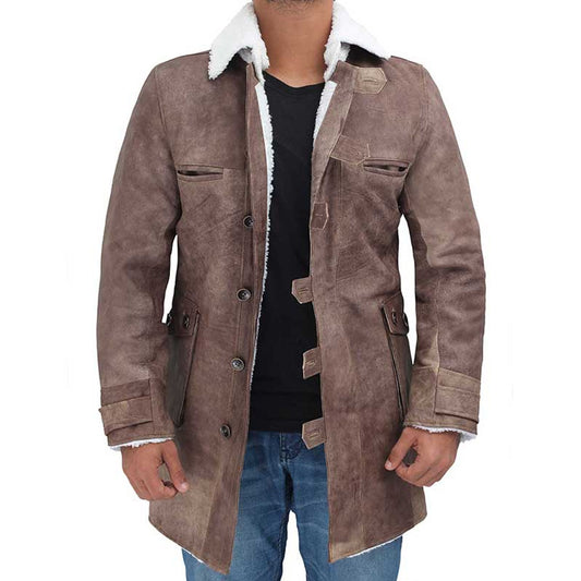 New Men Brown Bomber Swedish Long Distressed Leather Coat