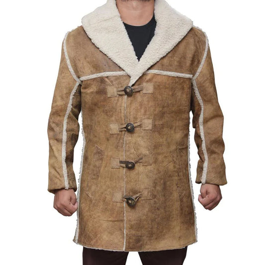 New Men Brown Shearling Suede Leather Distressed Coat