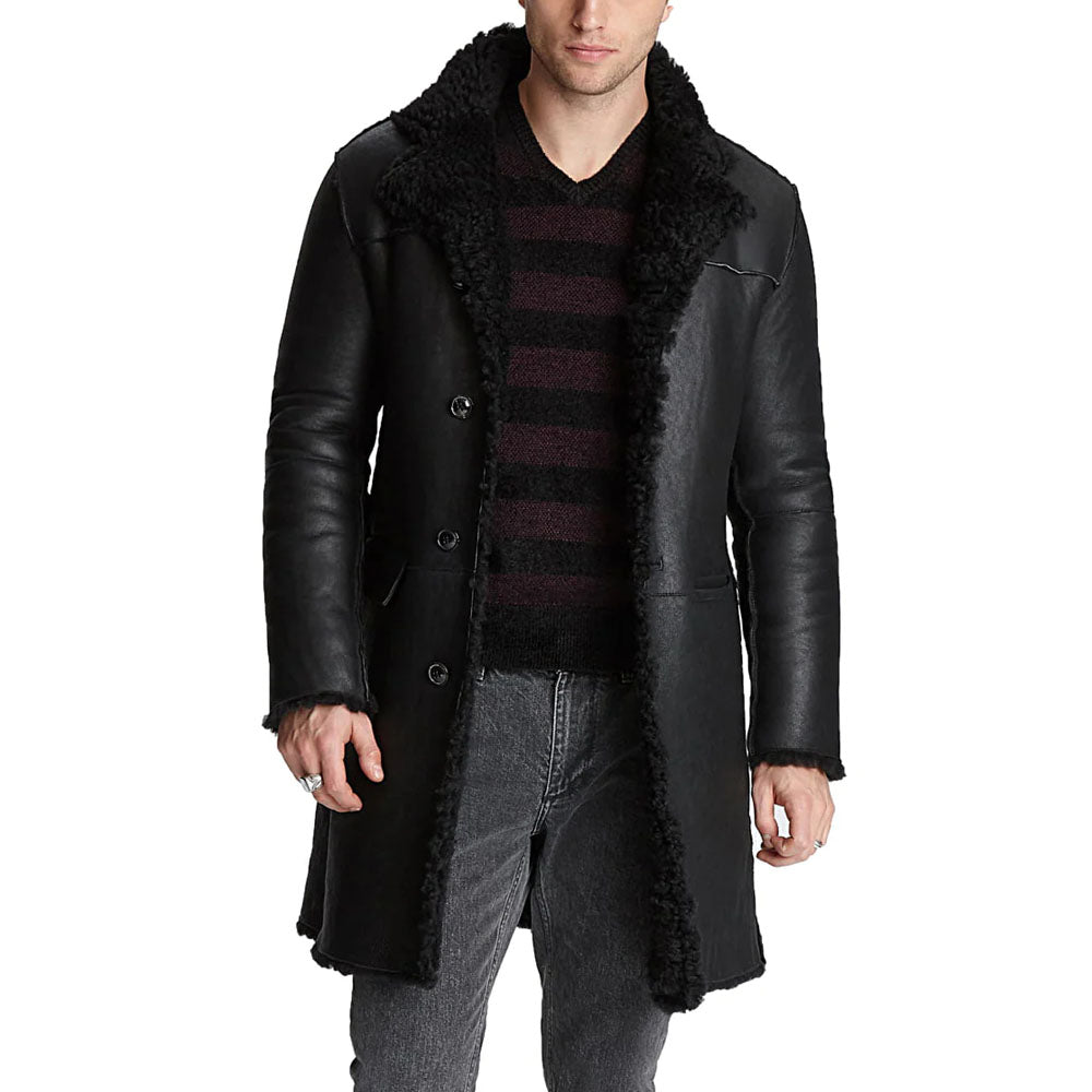 New Mens Black Shearling Faux Leather Coat