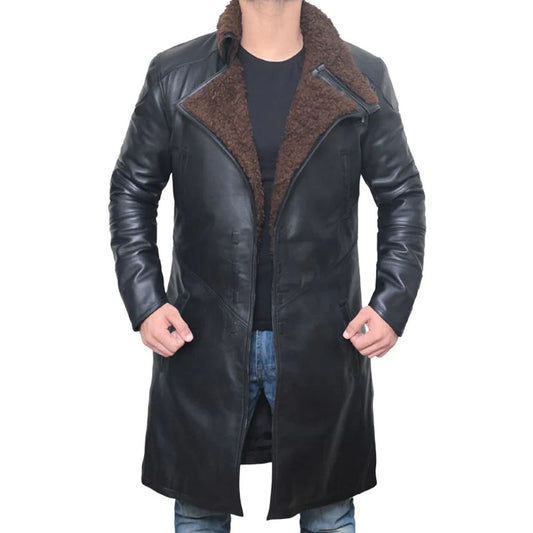 New Black Trench Shearling Sherpa Leather Long Coat