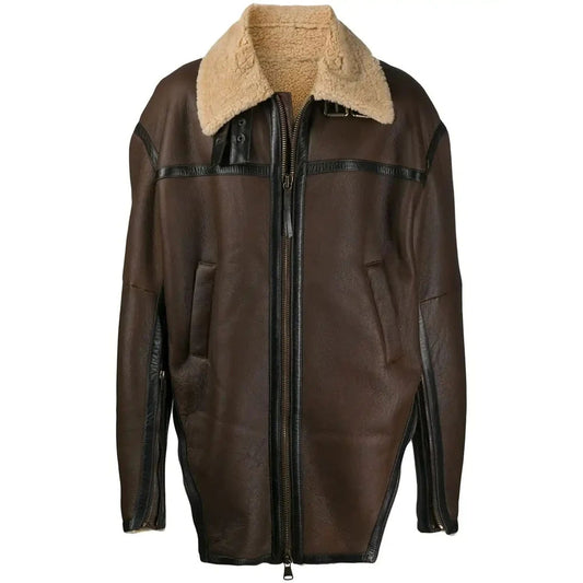 New Brown Shearling Aviator Leather Coat For Men