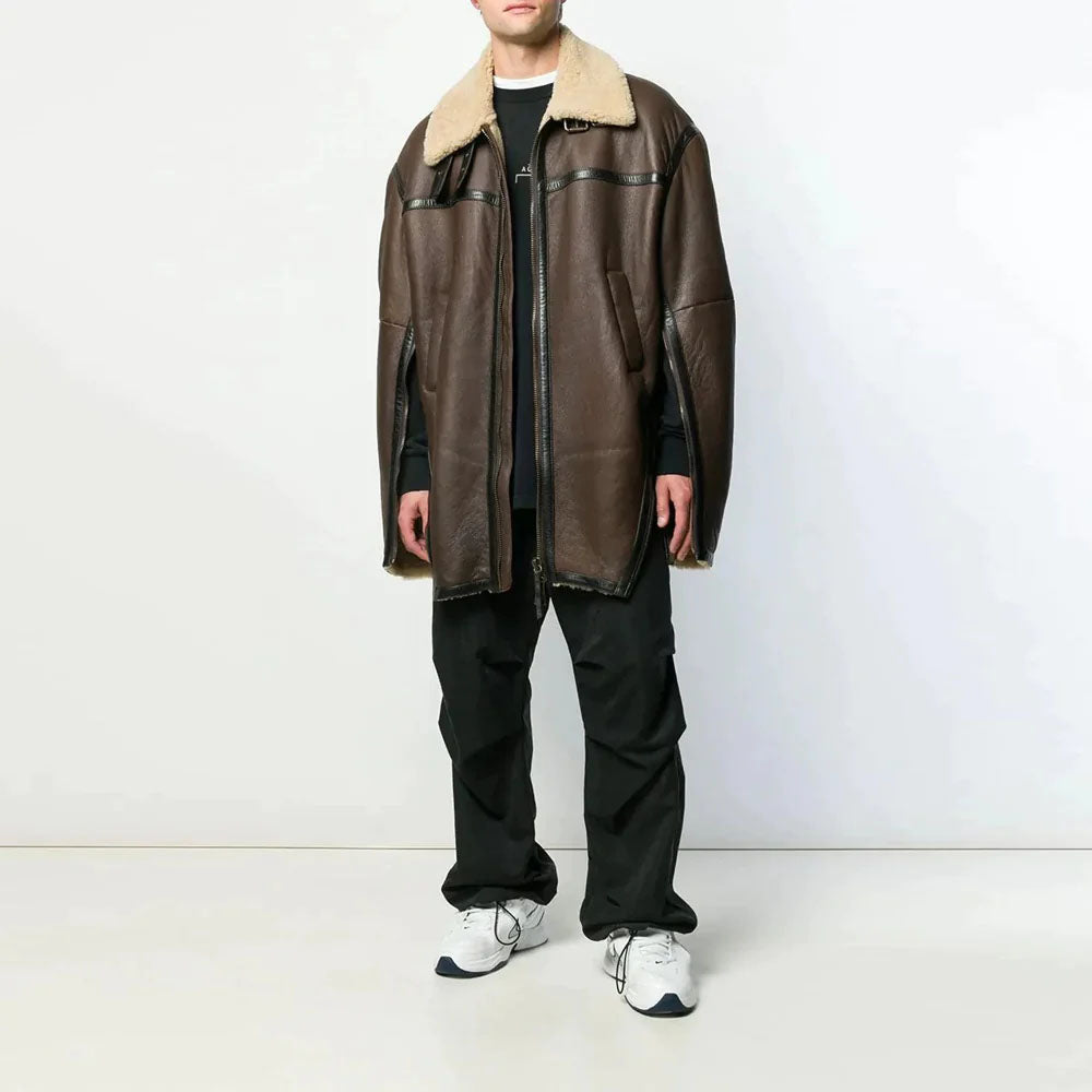 New Brown Shearling Aviator Leather Coat For Men