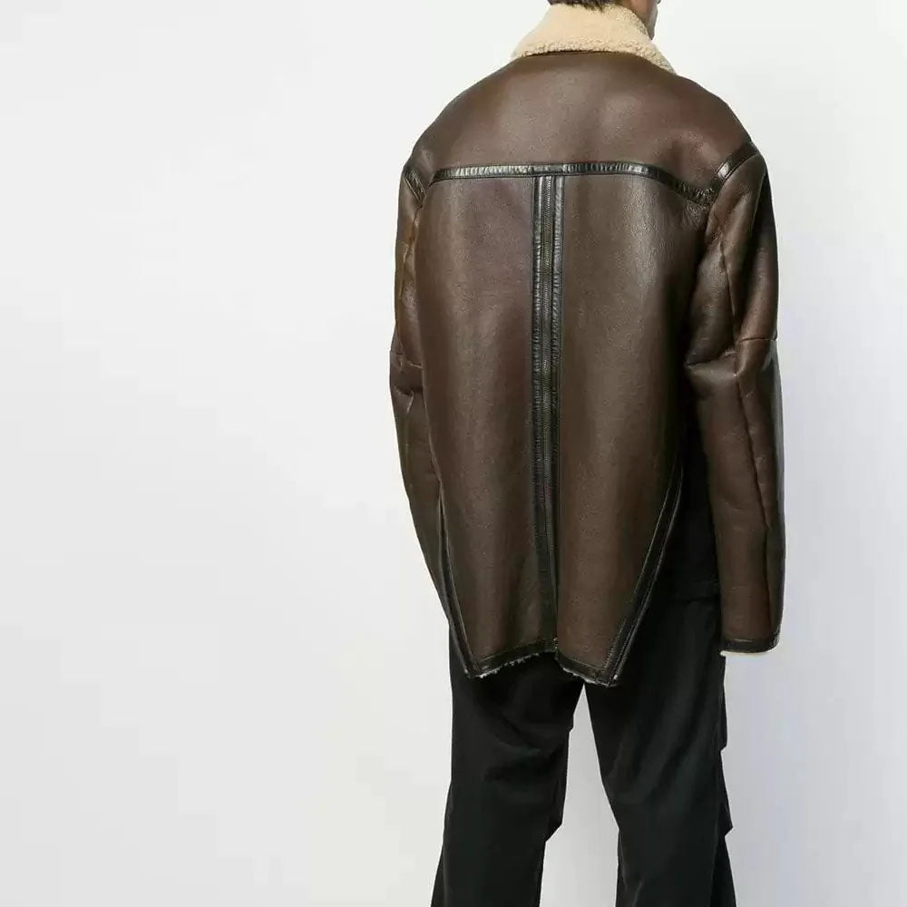 New Brown Shearling Aviator Leather Coat For Men