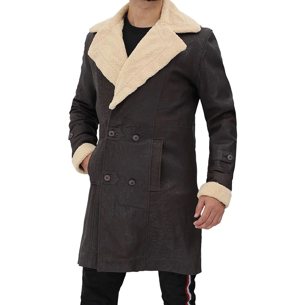 New Men Brown Shearling Sherpa Collar Leather Coat
